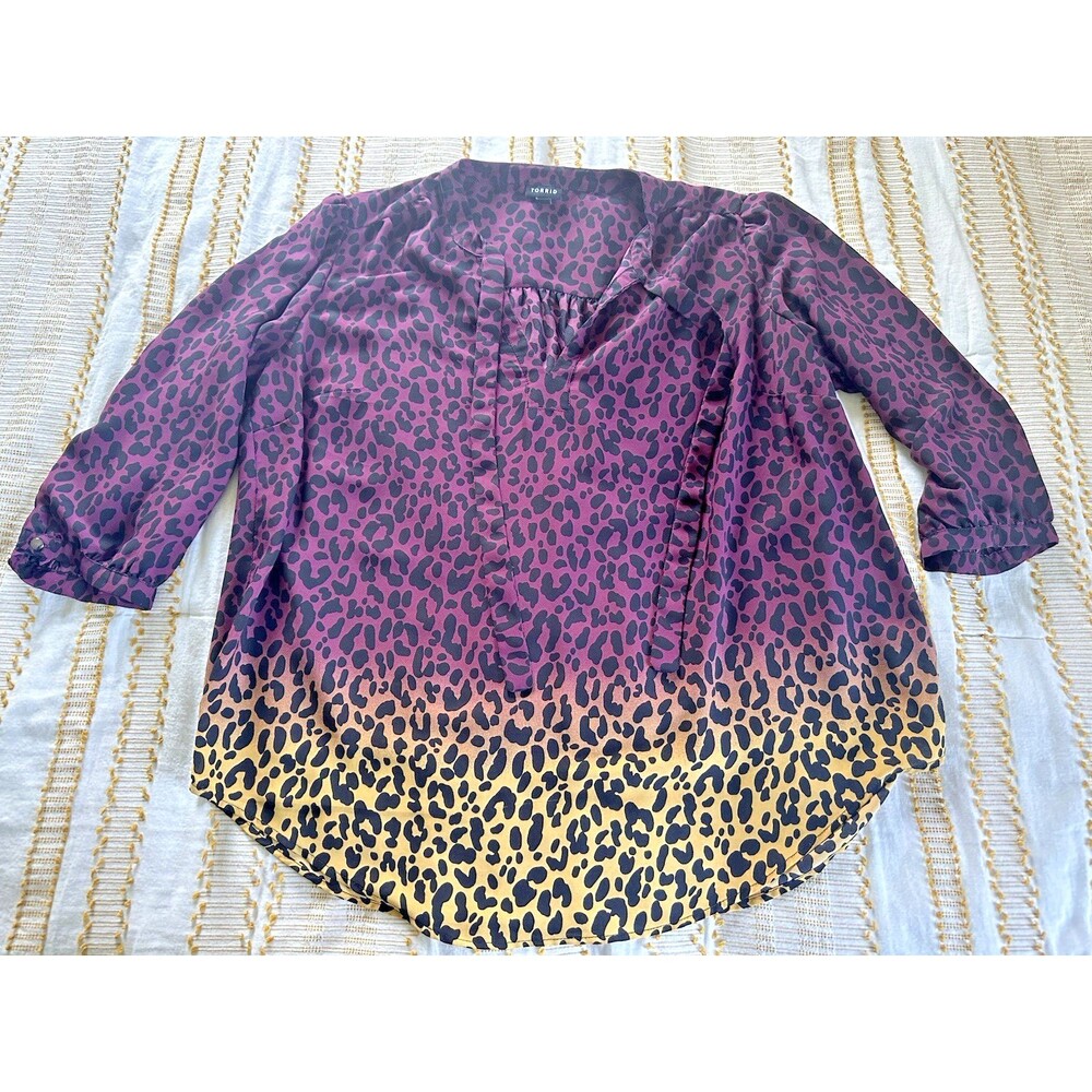 Torrid Women’s Plus Georgette Bow Tie Ombré Leopard Peasant Blouse Size 1